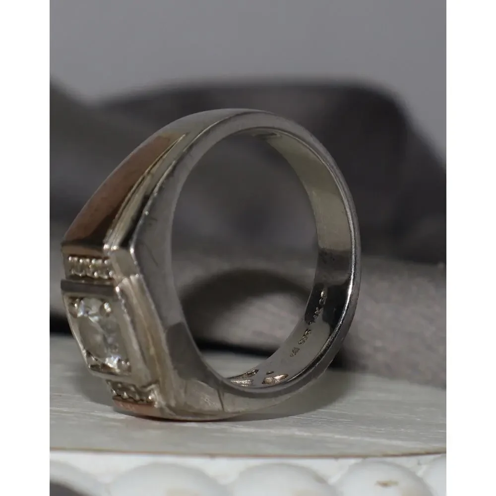 Sterling Silver & 14k Gold Plated Cz Men’s Ring 9.8G / Sz 11